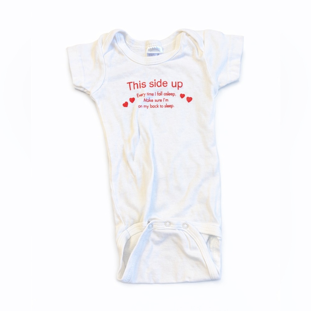 White 'This Side Up' Baby One-Piece Bodysuit with Red Print